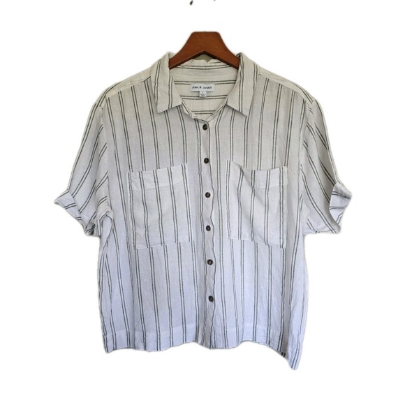 Alex Jordan Tops - Striped Linen Blend Cream Green Short Sleeve Button Up Shirt Size Large